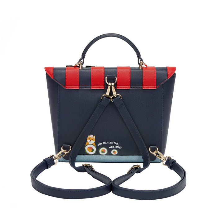 Black and red handbag with a strap on a white background