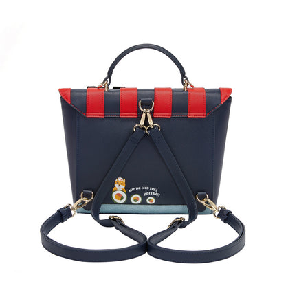 Black and red handbag with a strap on a white background