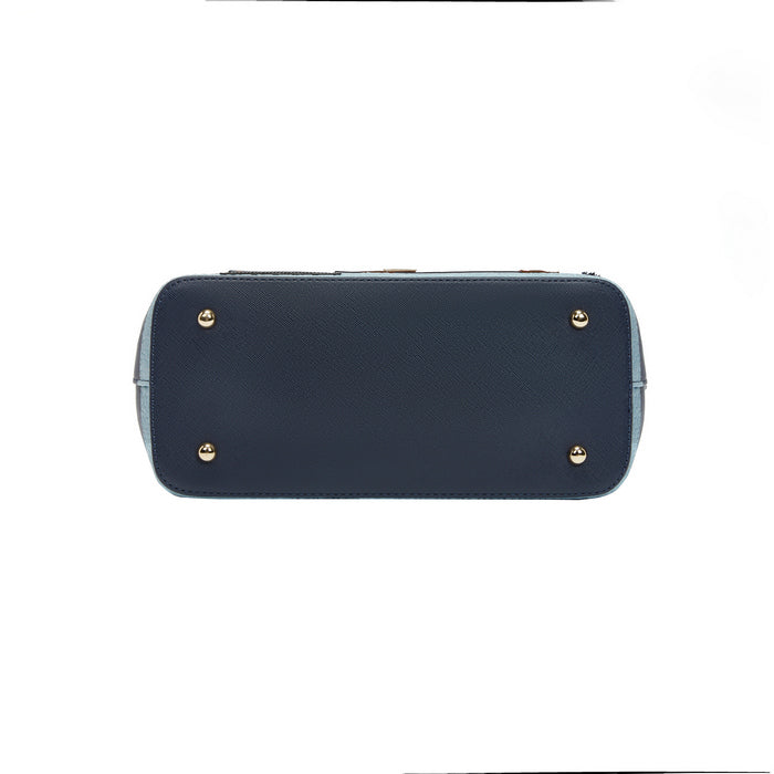 Navy blue handbag with gold accents on a white background