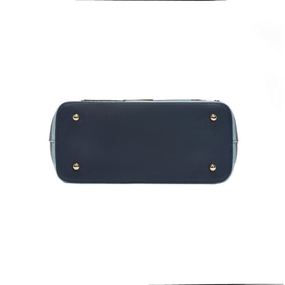Navy blue handbag with gold accents on a white background