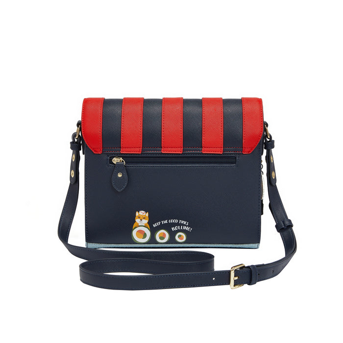 Black and red striped handbag with cartoon character on a white background