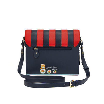 Black and red striped handbag with cartoon character on a white background