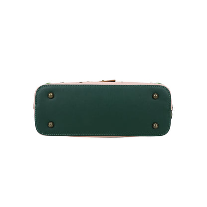 Green handbag with gold studs on a white background