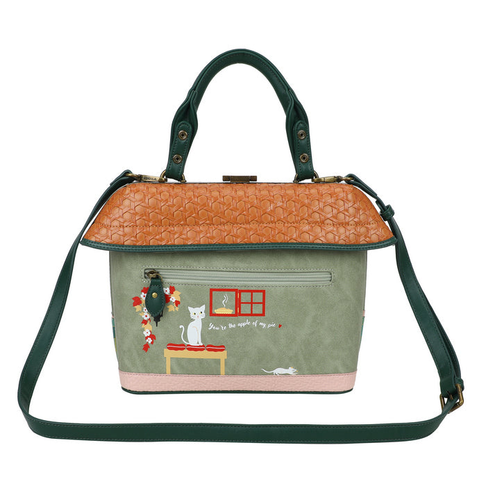 Handbag with cat design and brown top section on a white background