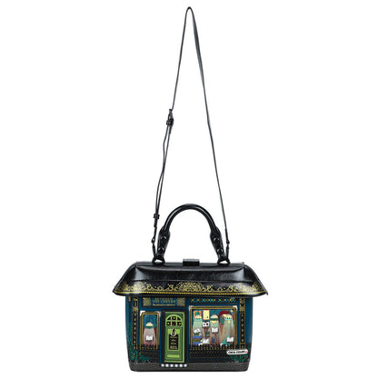 Decorative handbag with artistic designs on a white background