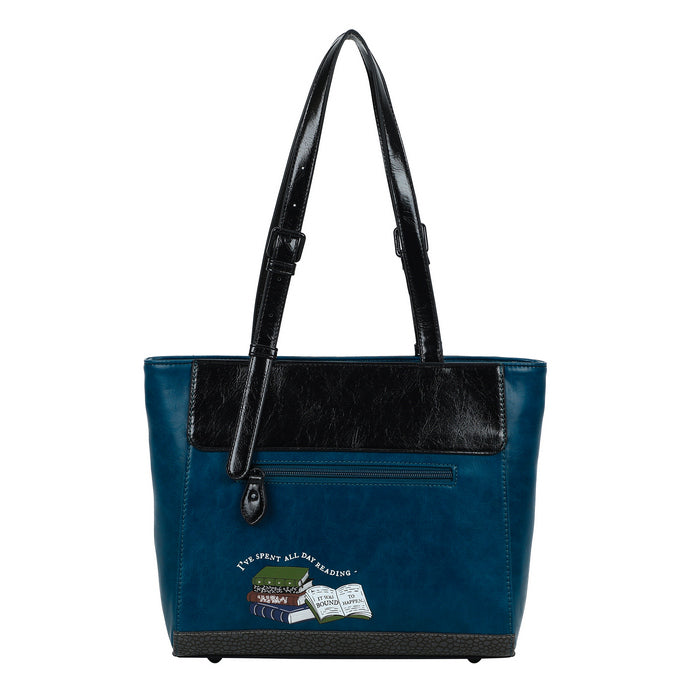 Blue handbag with black accents on a white background