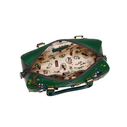 Green handbag with a patterned interior on a white background