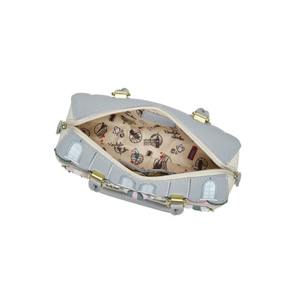 Light gray handbag with gold accents on a white background