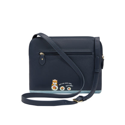 Navy blue crossbody bag with cartoon character and text on a white background