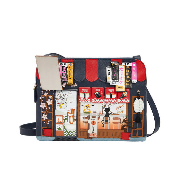 Multicolored bag with a collage of images on a white background