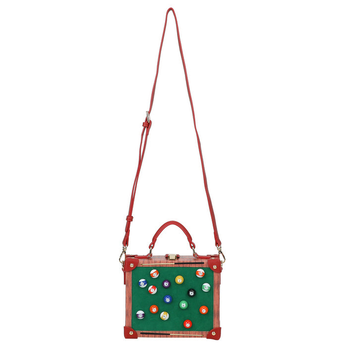 Handbag designed like a pool table with billiard balls on a white background