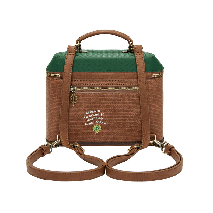 Brown and green handbag with embroidered text on a white background