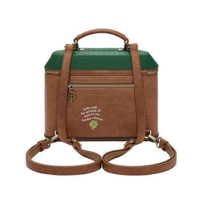 Brown and green handbag with embroidered text on a white background