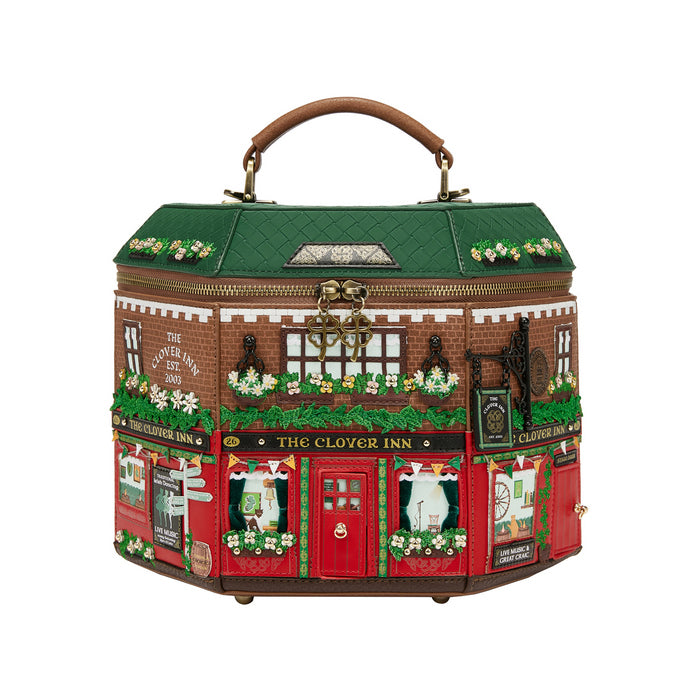 Decorative box designed like a pub named 'The Clover Inn' on a white background