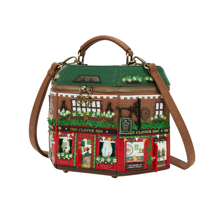 Handbag designed like a pub facade with decorative elements on a white background