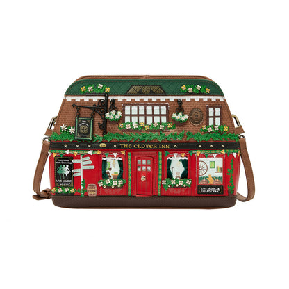 Handbag designed like a pub facade with 'The Clover Inn' on a white background