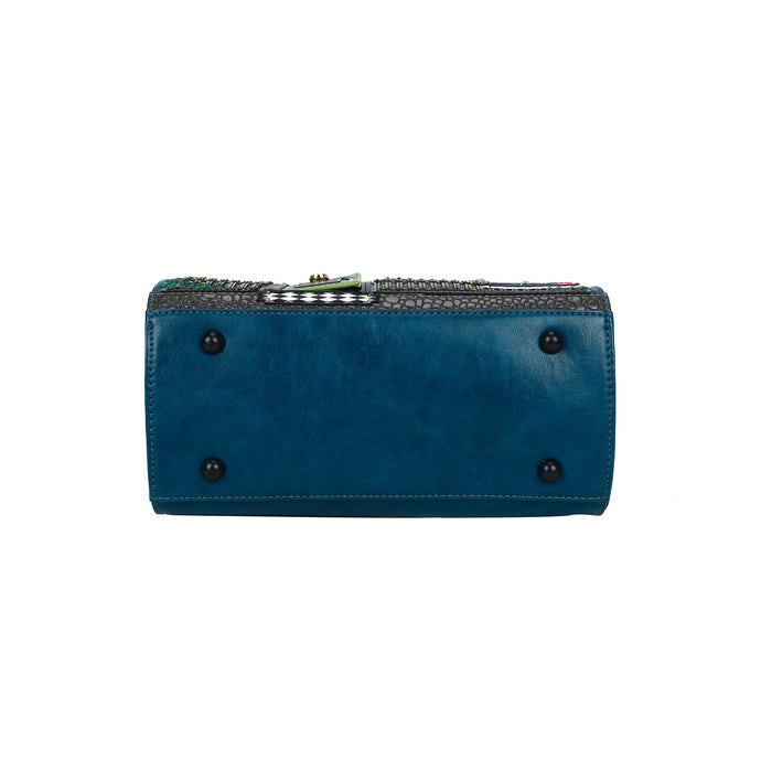 Blue wallet with black accents on a white background
