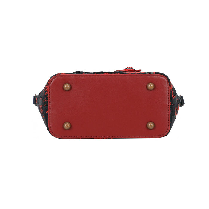 Red handbag with gold studs on a white background