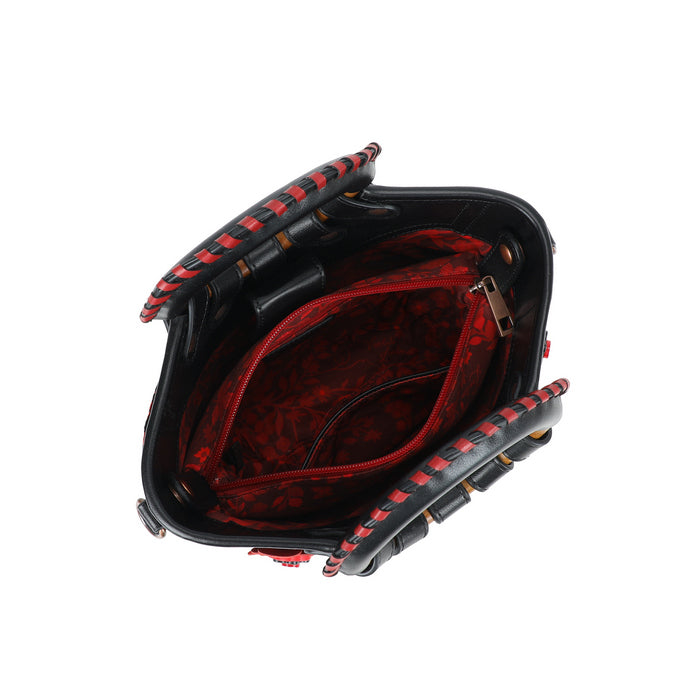 Black and red handbag with open design on a white background