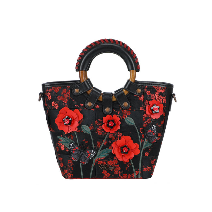Black handbag with red floral design on a white background