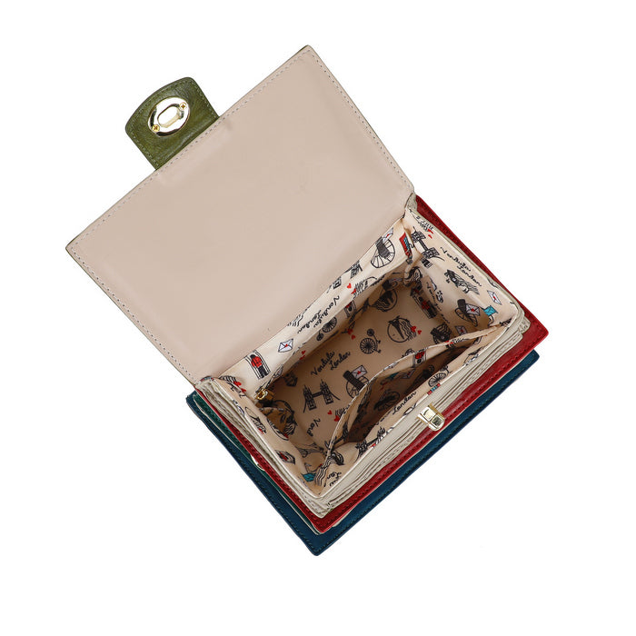 Stack of small wallets with a patterned interior on a white background