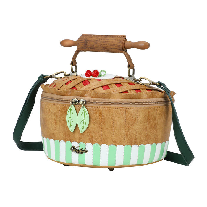 Pie-shaped handbag with wooden rolling pin handle on a white background
