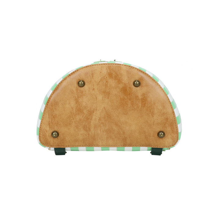 Wooden taco-shaped object with green and white checkered base on a white background