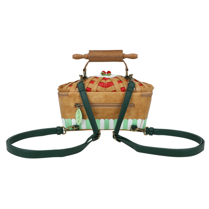 Woven basket-shaped handbag with a rolling pin handle on a white background