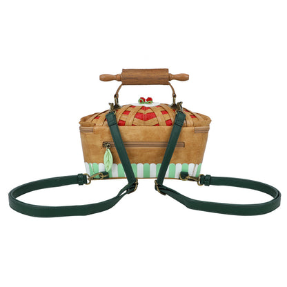 Woven basket-shaped handbag with a rolling pin handle on a white background