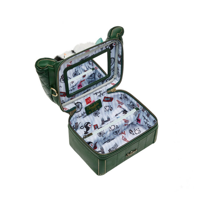 Green makeup case with open lid showing patterned interior on a white background