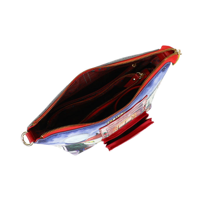 Open red and blue pouch with a clear interior on a white background