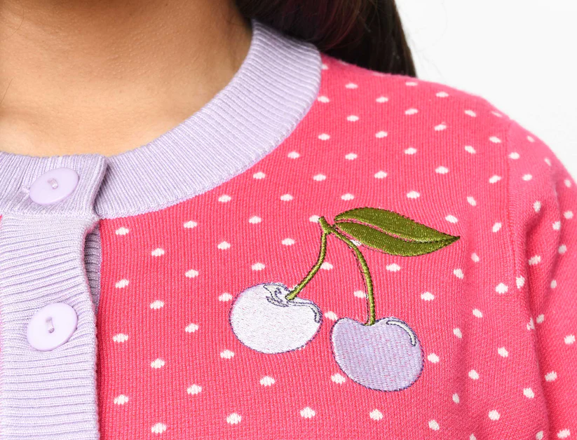 Unique-Vintage Hot Pink & Lavender Pin Dot Cherry Cropped Cardigan