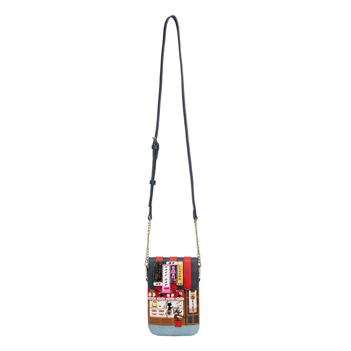 Multicolored crossbody bag with a pattern on a white background