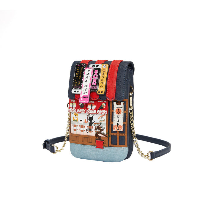 Multicolored crossbody bag with various designs on a white background