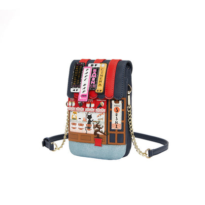 Multicolored crossbody bag with various designs on a white background