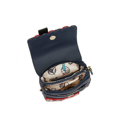 Navy blue handbag with a patterned interior on a white background