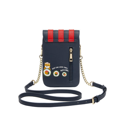 Black crossbody bag with red accents and a cartoon design on a white background