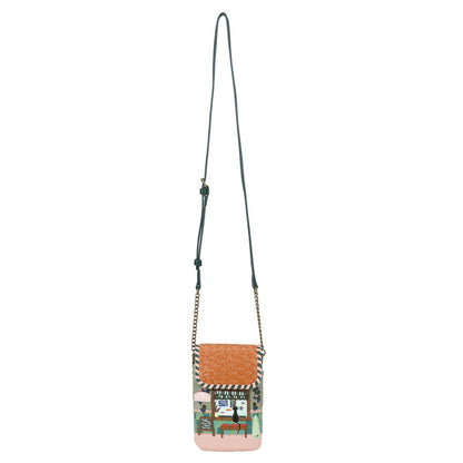 Small crossbody bag with a colorful design on a white background