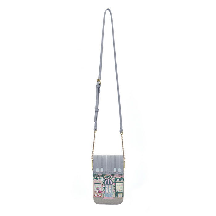 phone pouch with a design of a quaint street scene on a white 