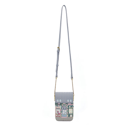 phone pouch with a design of a quaint street scene on a white 