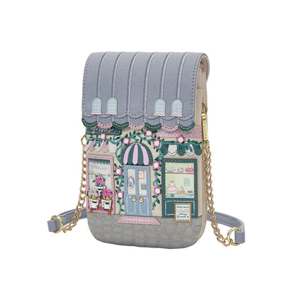 phone pouch with a design of a quaint street scene on a white 