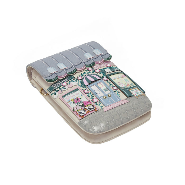 phone pouch with a design of a quaint street scene on a white 