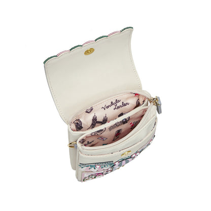 phone pouch with a design of a quaint street scene on a white 