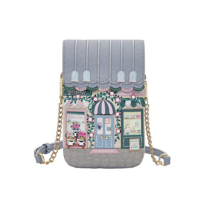 phone pouch with a design of a quaint street scene on a white 