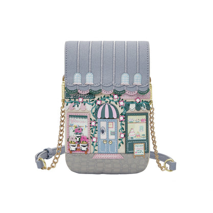 phone pouch with a design of a quaint street scene on a white 