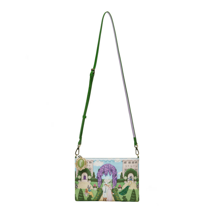 Crossbody bag with a design of a character in a garden on a white background