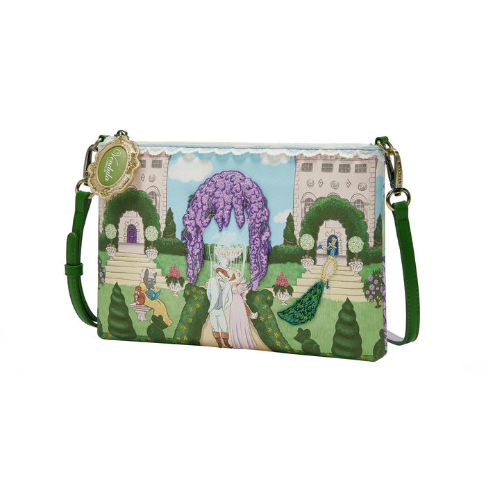 colorful handbag with floral design against a purple background with hanging flowers