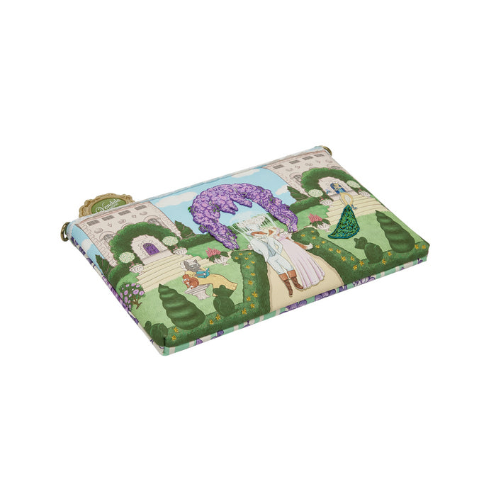 Pouch with garden scene design featuring people and trees on a white background