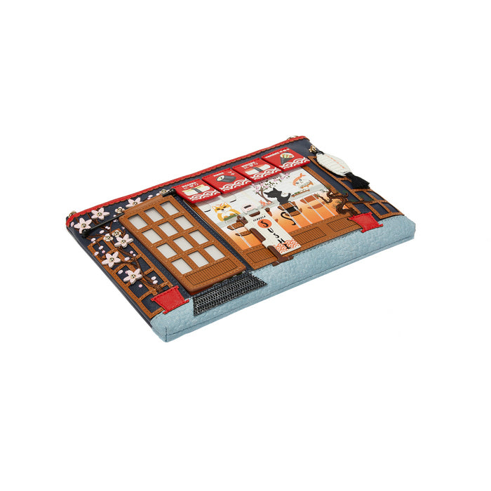 Pouch with a design of a building and people on a white background