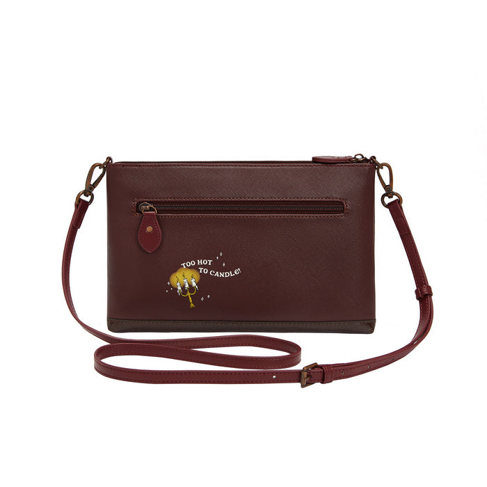 Brown leather crossbody bag with 'Too Hot to Handle' text and graphic on a white background
